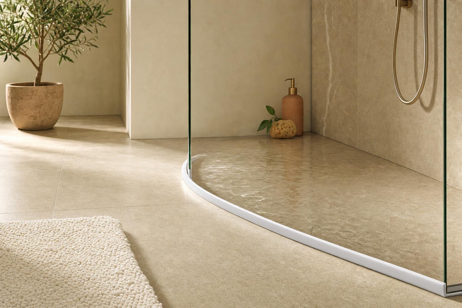 Step out of the shower.
Step onto dry floor.